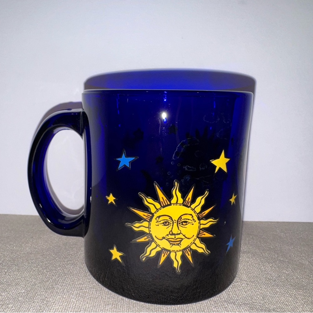 Vintage Libbey Coffee Mug Cobalt Blue Glass Celestial Sun Moon Stars Cup USA